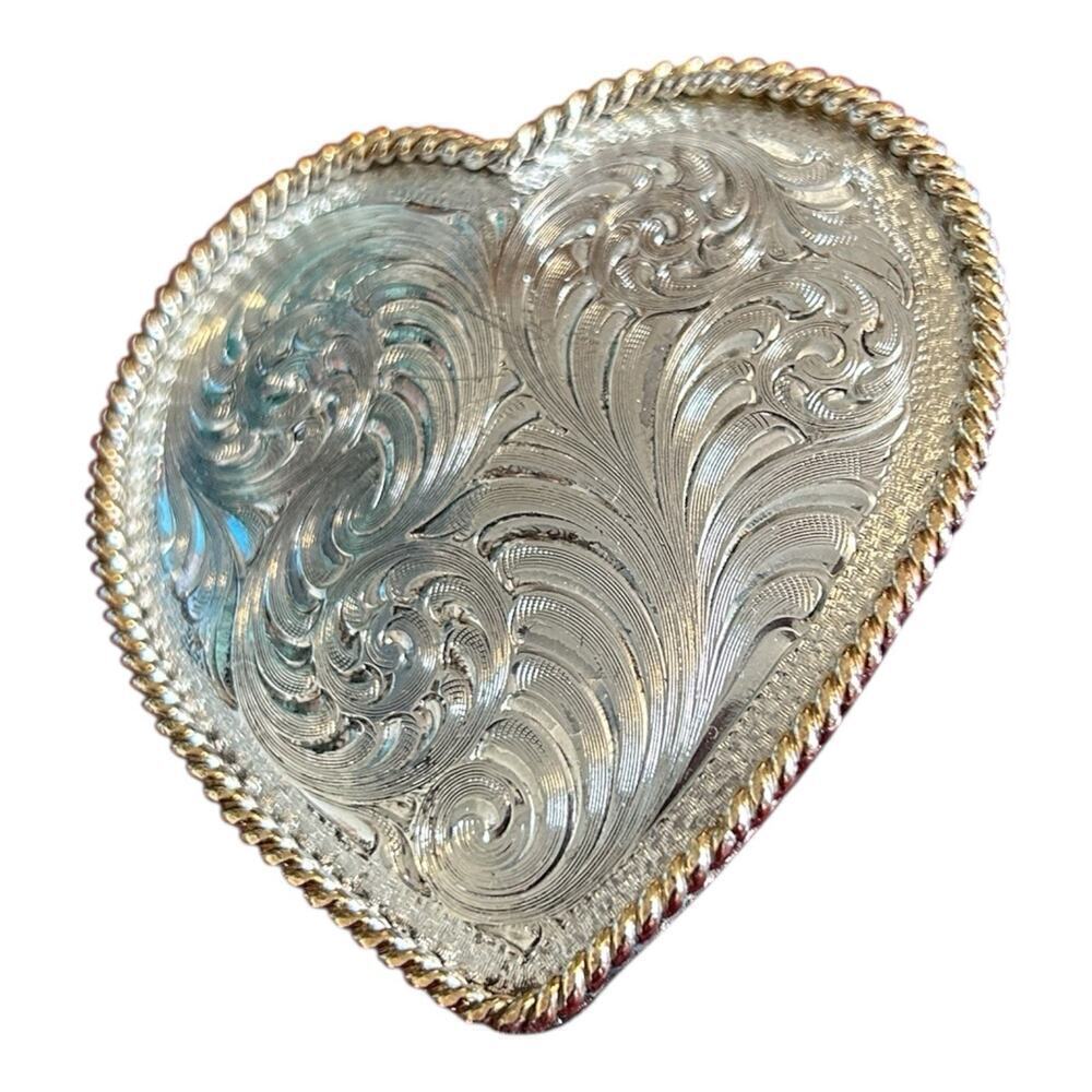 Montana Silversmiths Sterling Silver Plate Western Floral Heart Belt Buckle VTG - Picture 4 of 7